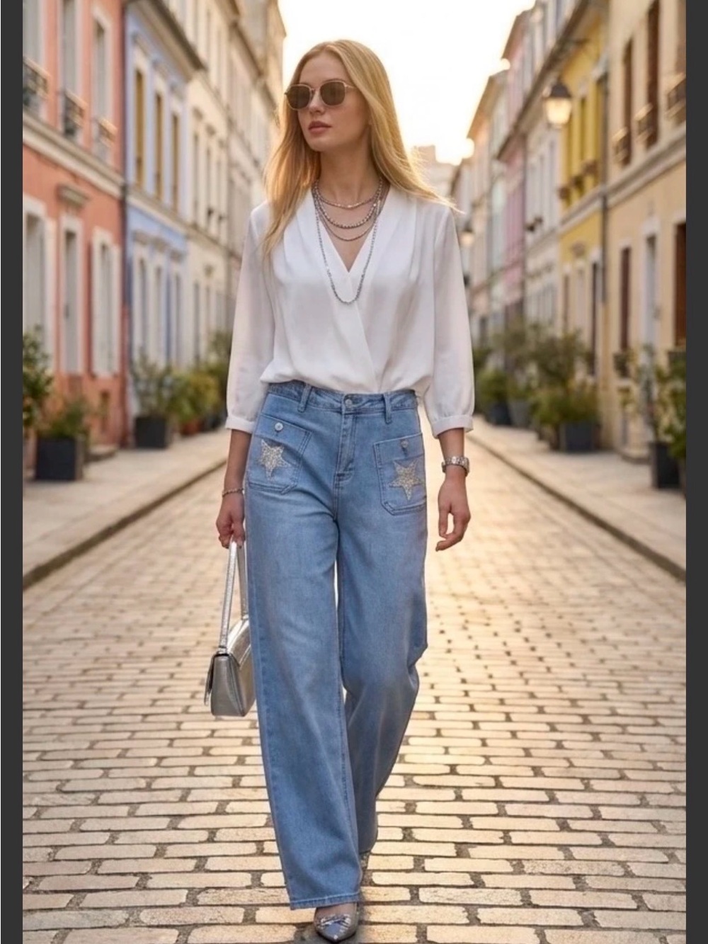 Made in France 🇫🇷 Light Blue Wide Leg Jeans with Star Pocket Detail